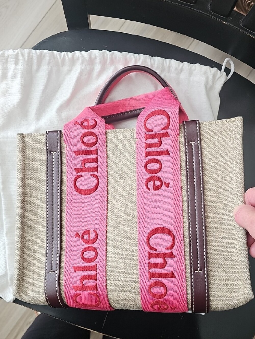Chloé Woody Canvas Tote with Pink Logo Straps and Burgandy Leather Trim, Small.